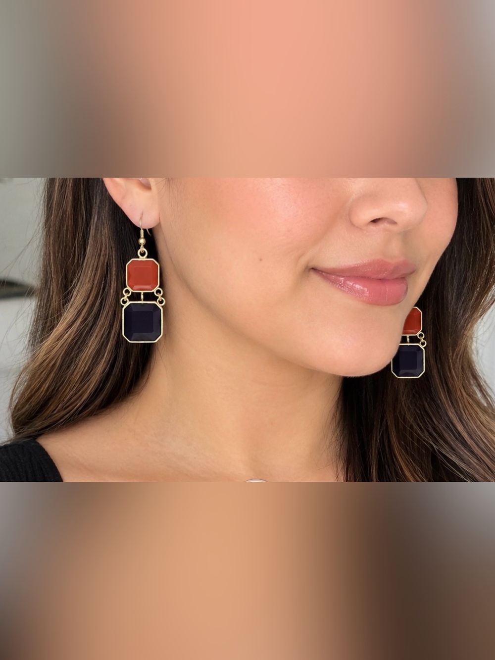 Gold-Plated Two-Tone Drop Earrings in Coral and Navy